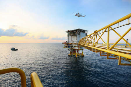 Offshore construction platform for production oil and gas, Oil and gas industry and hard work, Production platform and operation process by manual and auto function.の写真素材