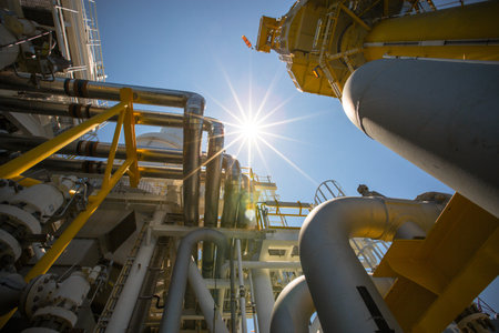 Offshore construction platform for production oil and gas, Oil and gas industry and hard work, Production platform and operation process by manual and auto function, oil and rig industry and operation.の写真素材