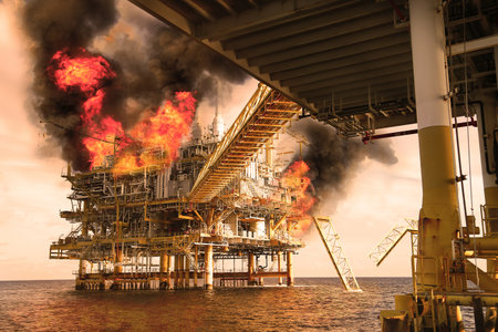 offshore oil and gas fire case or emergency case in warm picture style, firefighter operation to control fire on oil and gas production platform, offshore worst case and can't control fireの写真素材
