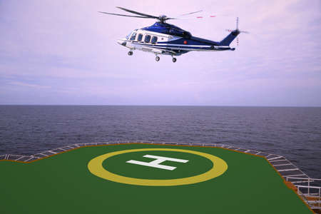 helicopter parking landing on offshore platform, Helicopter transfer crews or passenger to work in offshore oil and gas industry, air transportation for support passenger, ground service in airport.の写真素材