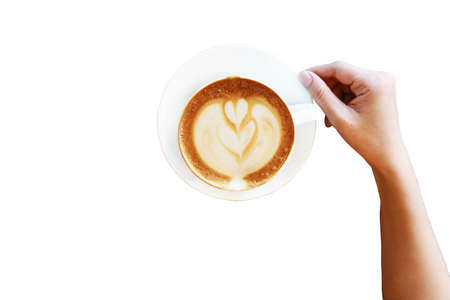 Hand holding a cup of coffee on whiteの写真素材