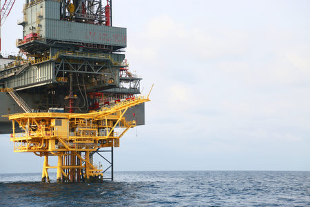 Offshore construction platform for production oil and gas. Oil and gas industry and hard work...