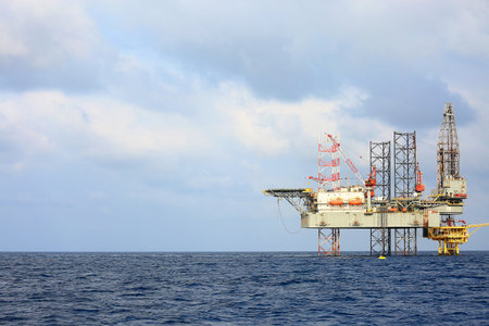 Offshore construction platform for production oil and gas. Oil and gas industry and hard work....