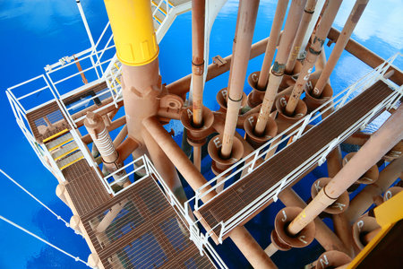 Offshore construction platform for production oil and gas. Oil and gas industry and hard work....