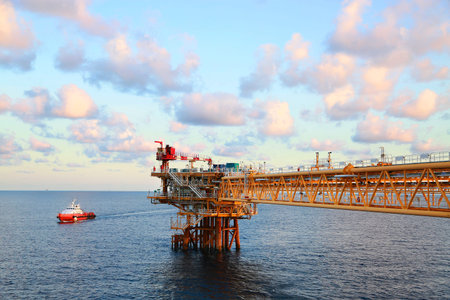 Offshore construction platform for production oil and gas. Oil and gas industry and hard work....