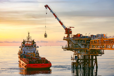 Offshore construction platform for production oil and gas. Oil and gas industry and hard work. Production platform and operation process by manual and auto function from control roの写真素材