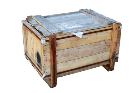 Wooden box isolated on white background. Cargo package for support shipping. Wooden housing for packing the product for sale or transfer to other place.の写真素材