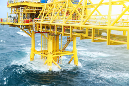Offshore construction platform for production oil and gas. Oil and gas industry and hard work. Production platform and operation process by manual and auto function from control roの写真素材