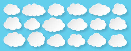 White paper cut vector cloud set. Clouds cartoon symbols on blue background with shadow for web site design, logo, weather forecast app. Message bubble icon collection for infographic design conceptのイラスト素材