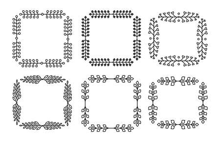 Branch square line set. Flourish retro ornament divider. Herbal ornate doodle design elements. Vintage botanical border. Wedding invitation, greeting card, scrapbook stamp, winner wreath floral decorのイラスト素材