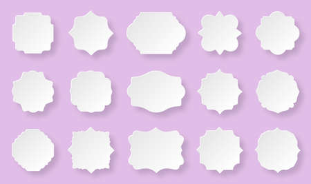 Paper cut white label frames isolated on purple. Retro badge vector set. Vintage packaging design templates for bottles, jars, cups or dishes. Special supermarket promotional offer price tag.のイラスト素材