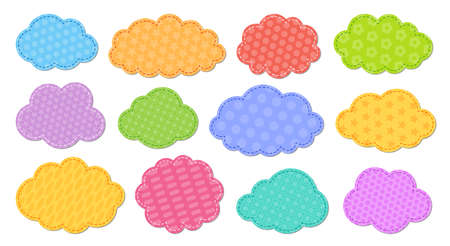 Color cartoon flat vector cloud set. Clouds symbols on white background with pattern for web site design, logo, app. Bubble icon collection for infographic design. Label and stickersのイラスト素材