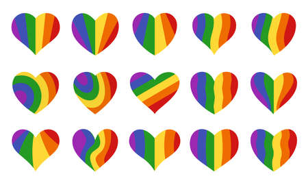 Love lgbt symbol icon set. Rainbow symetric hearts. Romantic gay abstract different shapes collection. Decorative element for invitation card. Isolated on white vector illustration in a flat style.のイラスト素材