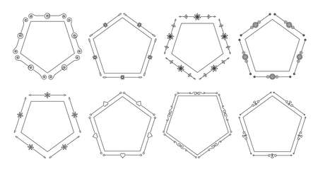 Flower and leaf vector line frames pentagon, dividers on isolated white. Decorative ornaments for scrapbook, card, book, wedding invate, menu or certificate. Chapter decorations and delimiters set.のイラスト素材