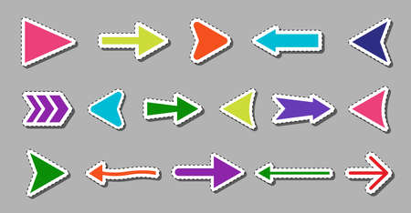 Sticker flat arrow icons set isolated on grey background. Different shape pointer collection. Simple cursor symbol for graphic design, mobile apps, web interface. Up, down, left, right direction signのイラスト素材