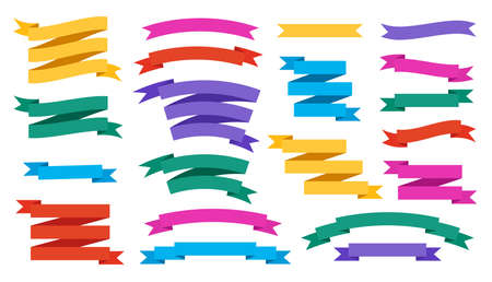 Set of color vector vintage ribbons isolated on white. Retro ribbon banner in modern simple flat design. Decoration elements for postcards, discounts and promotions.のイラスト素材
