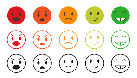 Cartoon vector scale emoji set. Vector red, orange, green emoticon collection isolated on white. Mood and facial smiles. Funny, angry, happy and sad faces web icons for message.のイラスト素材