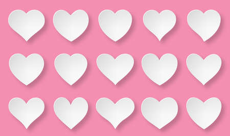 Love symbol icon set. White paper cut symetric hearts. Romantic abstract different shapes collection. Decorative element for invitation card. Isolated on pink vector illustration in a flat style.のイラスト素材