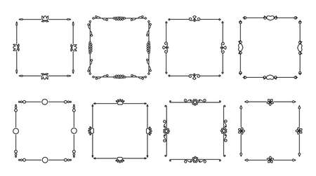 Flower and leaf vector line frames square, dividers on isolated white. Decorative ornaments for scrapbook, card, book, wedding invate, menu or certificate. Chapter decorations and delimiters set.のイラスト素材