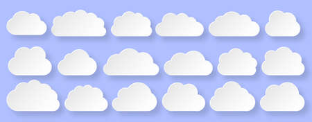 White paper cut vector cloud set. Clouds cartoon symbols on blue background with shadow for web site design,   app. Bubble icon collection for infographic design. Label and stickersのイラスト素材