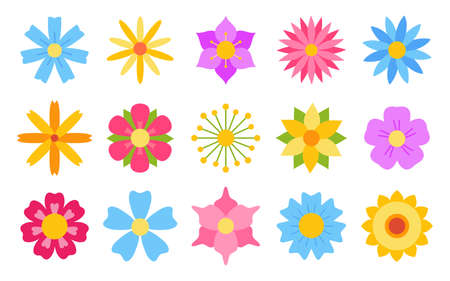 Flower set flat vector retro. Vintage flowers gift wrapping paper, stickers, labels, tags, greeting cards. Nature elements for Easter, Mothers Day.のイラスト素材