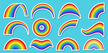 Abstract vector rainbow set in minimalist style for dishes, clothes, greeting cards, advertising banners, stickers. Rainbows in different shapes.のイラスト素材