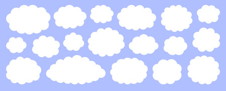 White flat vector cloud set. Clouds cartoon symbols on blue background with shadow for web site design, logo, app. Bubble icon collection for infographic design. Label and stickersのイラスト素材