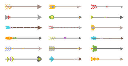 Medieval colorful arrows bow vector color flat. Fantasy weapons for menu, notebook. Hipster arrow with feathers in different styles for clothing. Hitting the target. Pointerのイラスト素材