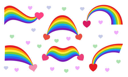 Rainbows vector flat symbols isolated on a white background with pink and red hearts. Pride, lgbt style. Different shapes. Wave, half and part of the shape.Weather elementのイラスト素材