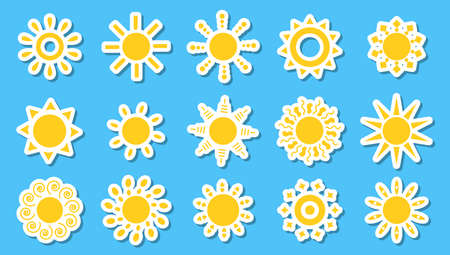 Summer symbol for tableware decor, child clothing, toys, notebooks, scrapbooking, creativity. Pack of stickers for children on white background.のイラスト素材