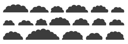 Black flat vector cloud set. Clouds cartoon symbols on white background for web site design,  app. Bubble icon collection for infographic design. Label and stickersのイラスト素材