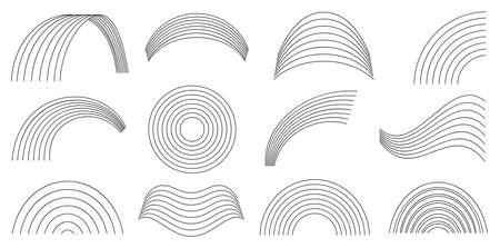 Monochrome black and white rainbow for coloring book for child. Rainbows vector flat symbols isolated on a white background. Spectral shapes. Circle, wave, half and part of the moldのイラスト素材