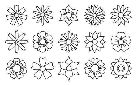 Line retro flowers vector flat icon set isolated on white background. Set for postcards, stickers, design room, t-shirts, notepads, notebook and scrapbooking.Gardening shop designのイラスト素材