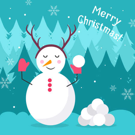 Snowman in mittens with antlers on his head, holding a snowball in his hands, next to him lies a bunch of stuck snowballs. The background consists of trees and snowflakes. Merry Christmas card. Flatのイラスト素材