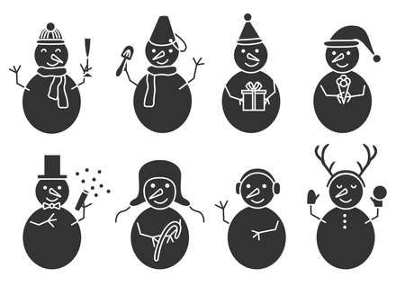 Snowmens black glyph set with different hats, mittens, bow tie, buttons, scarf. Vector flat. Greeting card. Merry christmas and a happy new year. Elements for textiles, cups and plates. Wrapping.のイラスト素材