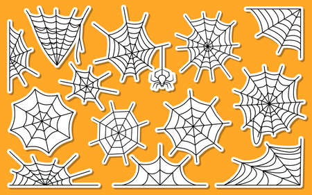 Spider web stickers cute set with white edging on orange isolated background. Stickers and label. Realistic and abstract condition. Symmetrical and uneven shapes. Vector flat. Horror halloween decorのイラスト素材