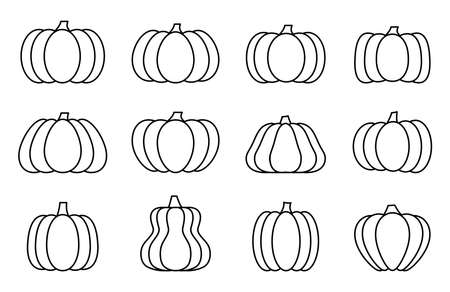 Pumpkin black line flat vector set isolated on white background. Labels and Stickers. Harvesting and Halloween. Design element for mobile app and web sites, room decoration. Scrapbooking, notebookのイラスト素材