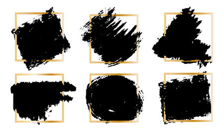 Torn irregular spots of an asymmetrical shape with a yellow square frame. Design element for banners, text frames, posters and abstract background. For wedding cards. Decoration for notebook.のイラスト素材