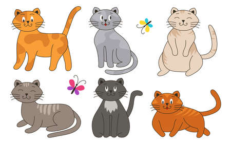 Cats are cartoon and flat colorful, good-natured, in different colors, unusual faces, various poses set. Playful kittens, home pets. Bright butterflies fly around. Vector illustrationのイラスト素材