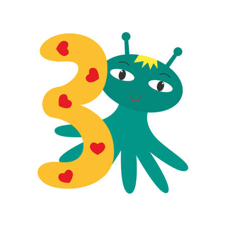 Monster aquamarine cute funny kind with alien horns and festive congratulatory number three isolated on white background. Design element for a childrens book or postcard. Vector illustrationのイラスト素材