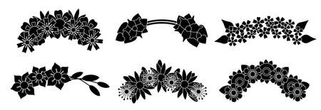 Wreaths abstract flower flat black glyph silhouette set. Chaplet on head plants collection isolated on white background. Wedding botanical diadem. Design element.のイラスト素材