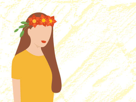 Cute young girl in a wreath of flowers on her head is isolated on a grunge textured background. All nations are beautiful. Banner or poster for text. Vector illustrationのイラスト素材