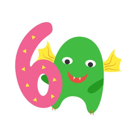 Monster green cute funny kind with wings and festive congratulatory number six isolated on white background. Design element for a childrens book or postcard. Vector illustrationのイラスト素材
