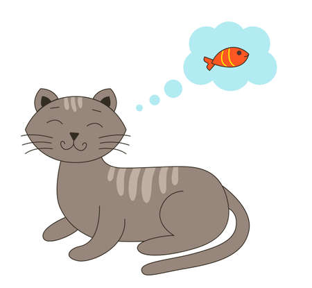 Cat fat cute brown with stripes of unusual colors in a cartoon style lies with closed eyes and dreams of a small tasty fish drawn in a speech bubble. Vector illustration isolated on white backgroundのイラスト素材