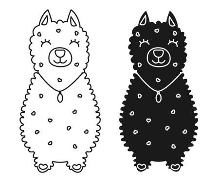Alpaca llama wearing a necklace, a medallion around his neck and smiling. Line art, silhouette, outline, contour, glyph. Greeting card, banner or poster for textile or print. Vector illustrationのイラスト素材