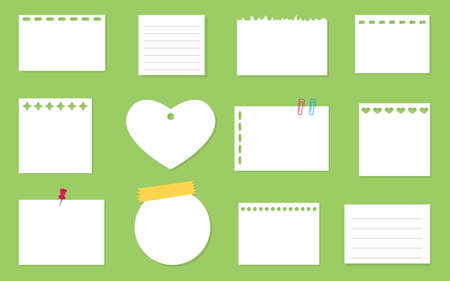 Note sticker white color with pin, clips, push pin, adhesive tape set. Blank sheets with different holes, sticky note, torn piece paper and notebook page, shapes oval, square, heart, rectangleのイラスト素材