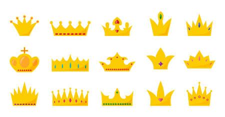 Crown low and high with different precious stones, for lot of titles set. Crowns and tiaras for the king and queen. Refined elements for design. Indicator of the high quality of the product. Vectorのイラスト素材