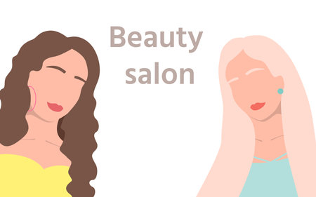 Womans girls faces with brunette and blonde hairstyles and earring, eyebrow and lips isolated on white background. Beauty salon banner and poster, frame. Vector illustrationのイラスト素材