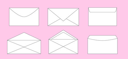Envelope line outline contour with mail and post card set with post stamps, sealing wax. Letter opening and closing designs collection for website with element isolated on pink background. Vectorのイラスト素材