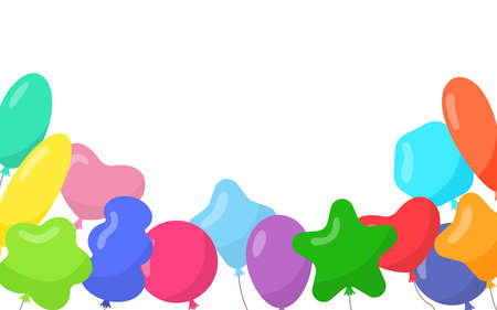 Balloon with rope air frame, postcard, card. Flying balls around square. Colorful balloons isolated on white background. Cartoon cadre for celebration, advertising, anniversary. Vector illustrationのイラスト素材